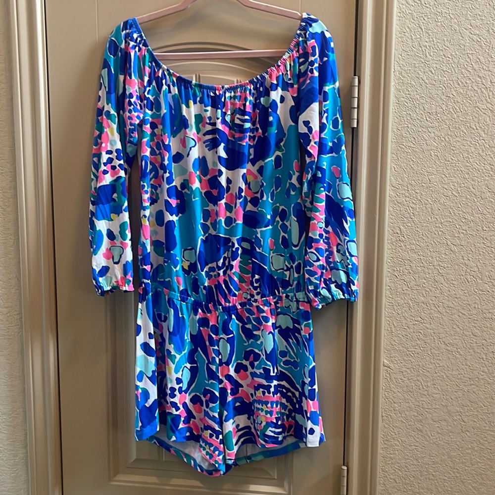 Lilly Pulitzer off the shoulder long sleeve romper.